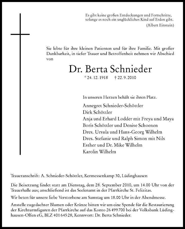 Traueranzeige für Berta Schnieder vom 24.09.2010 aus Westfälische Nachrichten