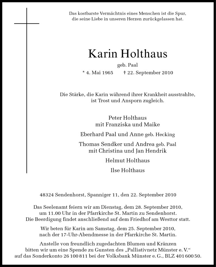  Traueranzeige für Karin Holthaus vom 25.09.2010 aus Westfälische Nachrichten