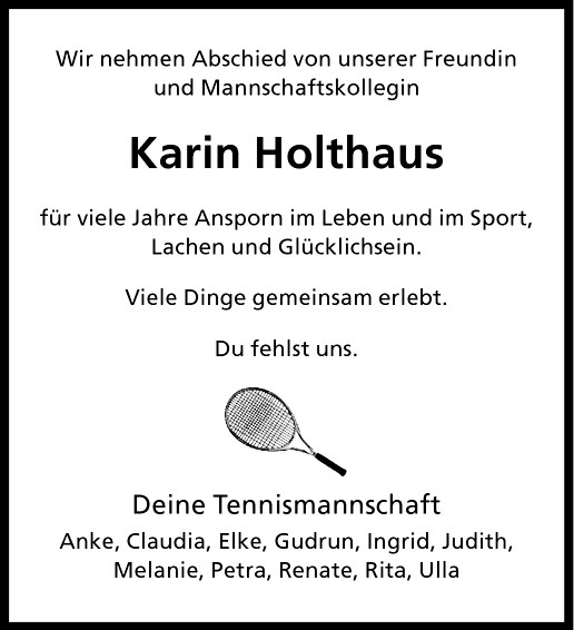  Traueranzeige für Karin Holthaus vom 28.09.2010 aus Westfälische Nachrichten