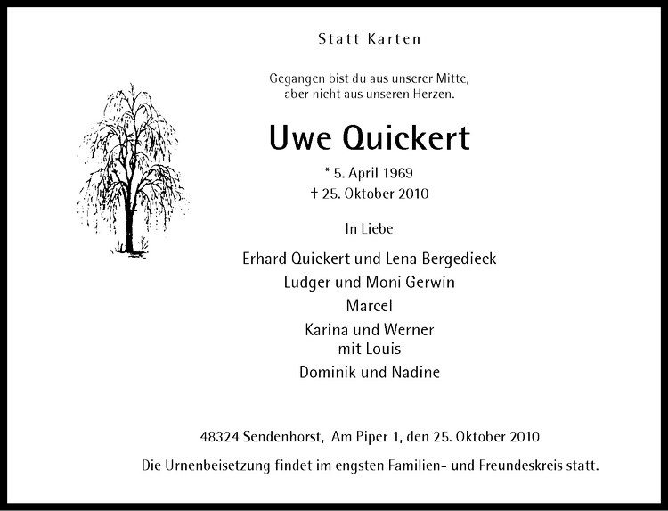  Traueranzeige für Uwe Quickert vom 27.10.2010 aus Westfälische Nachrichten