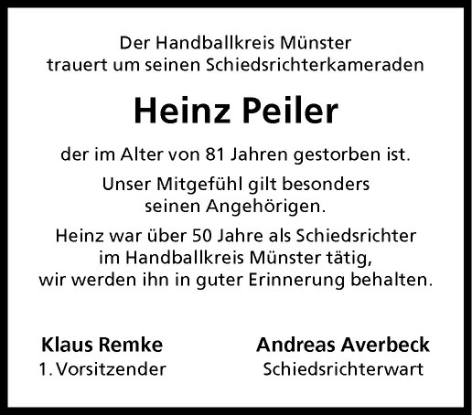  Traueranzeige für Heinz Peiler vom 30.10.2010 aus Westfälische Nachrichten