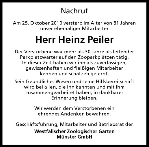  Traueranzeige für Heinz Peiler vom 29.10.2010 aus Westfälische Nachrichten