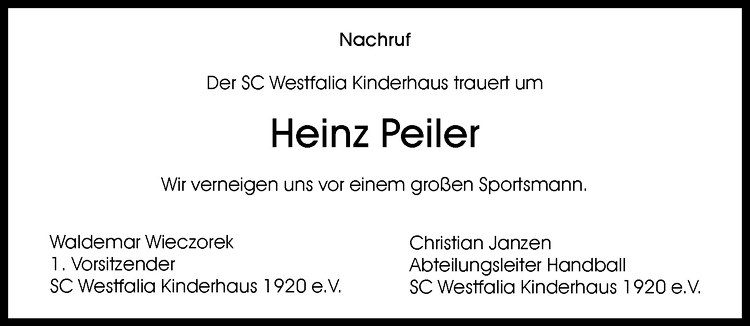  Traueranzeige für Heinz Peiler vom 30.10.2010 aus Westfälische Nachrichten
