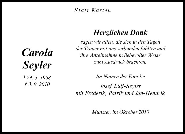  Traueranzeige für Carola Seyler vom 30.10.2010 aus Westfälische Nachrichten