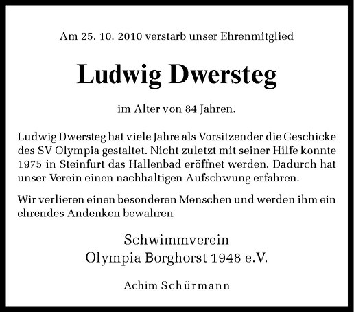  Traueranzeige für Ludwig Dwersteg vom 30.10.2010 aus Westfälische Nachrichten