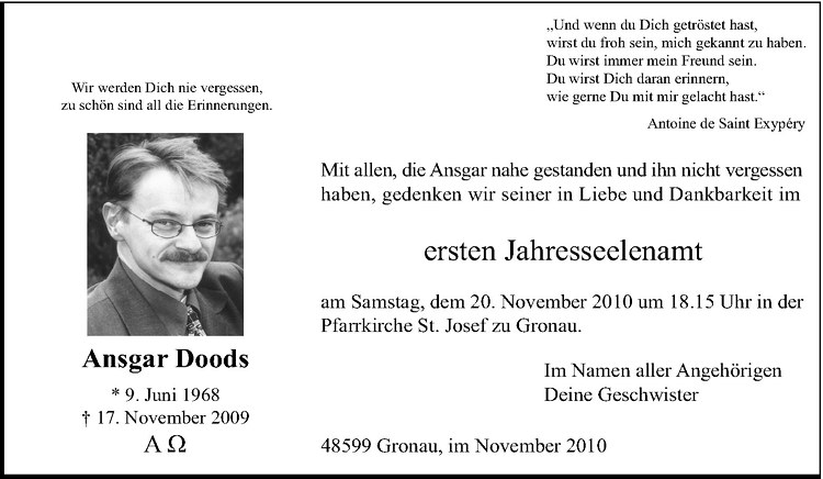  Traueranzeige für Ansgar Doods vom 17.11.2010 aus Westfälische Nachrichten
