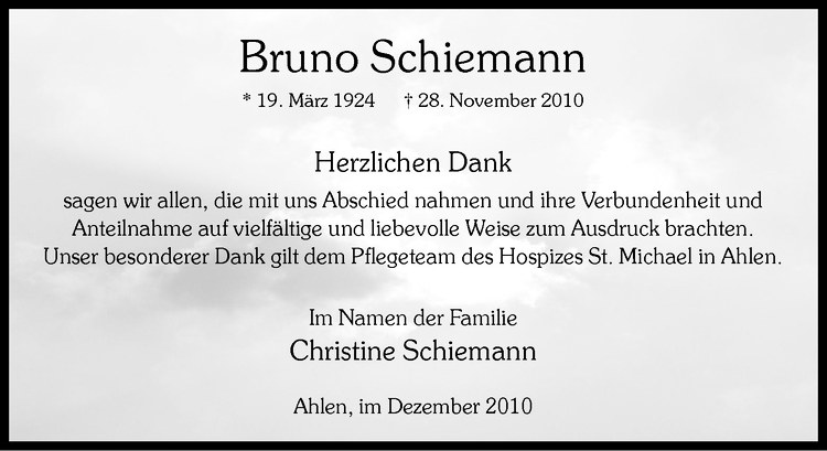  Traueranzeige für Bruno Schiemann vom 28.12.2010 aus Westfälische Nachrichten