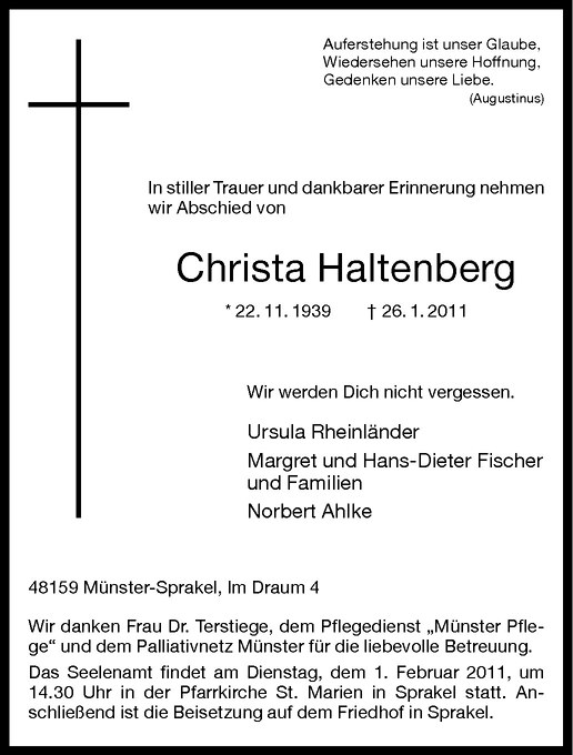  Traueranzeige für Christa Haltenberg vom 29.01.2011 aus Westfälische Nachrichten