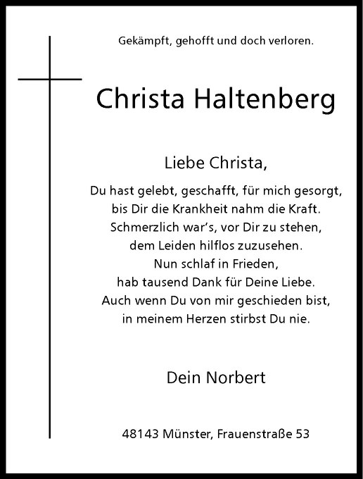  Traueranzeige für Christa Haltenberg vom 29.01.2011 aus Westfälische Nachrichten