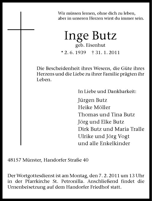  Traueranzeige für Inge Butz vom 04.02.2011 aus Westfälische Nachrichten