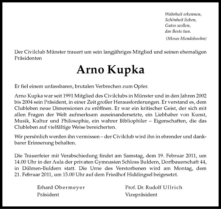  Traueranzeige für Arno Kupka vom 15.02.2011 aus Westfälische Nachrichten