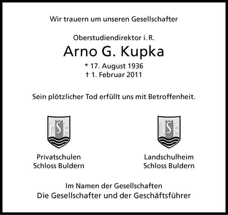  Traueranzeige für Arno Kupka vom 15.02.2011 aus Westfälische Nachrichten