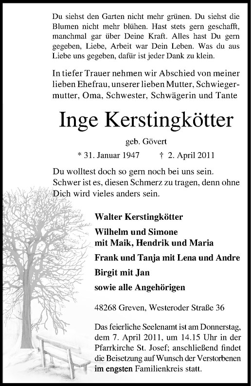  Traueranzeige für Inge Kerstingkötter vom 05.04.2011 aus Westfälische Nachrichten