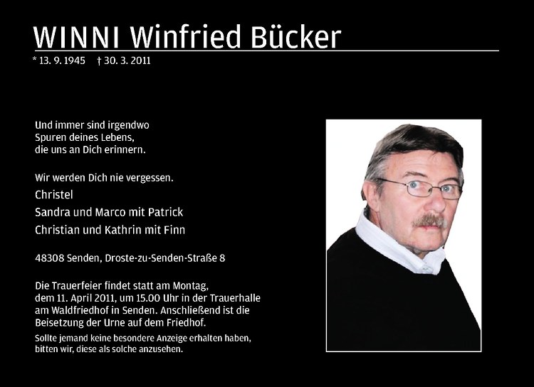  Traueranzeige für Winfried Bücker vom 06.04.2011 aus Westfälische Nachrichten