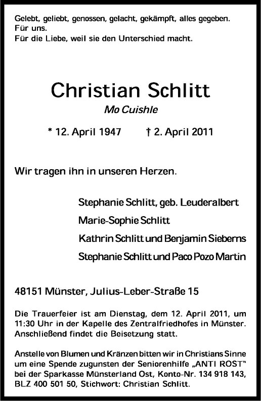  Traueranzeige für Christian Schlitt vom 08.04.2011 aus Westfälische Nachrichten