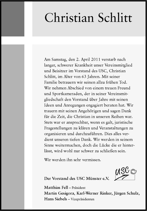  Traueranzeige für Christian Schlitt vom 09.04.2011 aus Westfälische Nachrichten