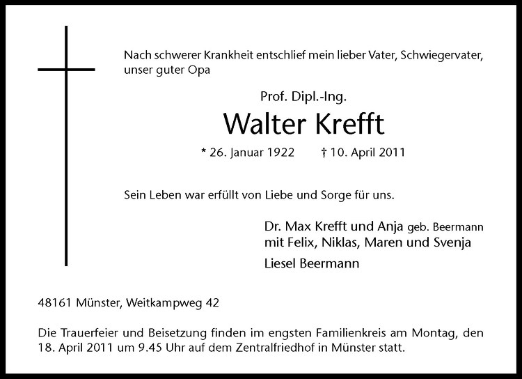  Traueranzeige für Walter Krefft vom 13.04.2011 aus Westfälische Nachrichten