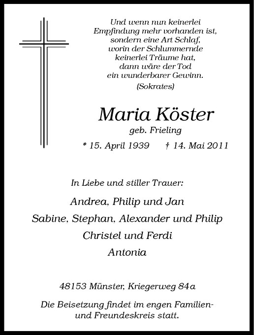  Traueranzeige für Maria Köster vom 18.05.2011 aus Westfälische Nachrichten