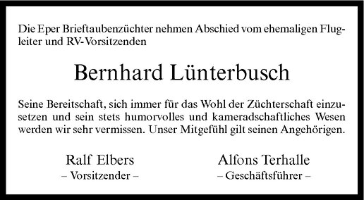  Traueranzeige für Bernhard Lünterbusch vom 31.05.2011 aus Westfälische Nachrichten