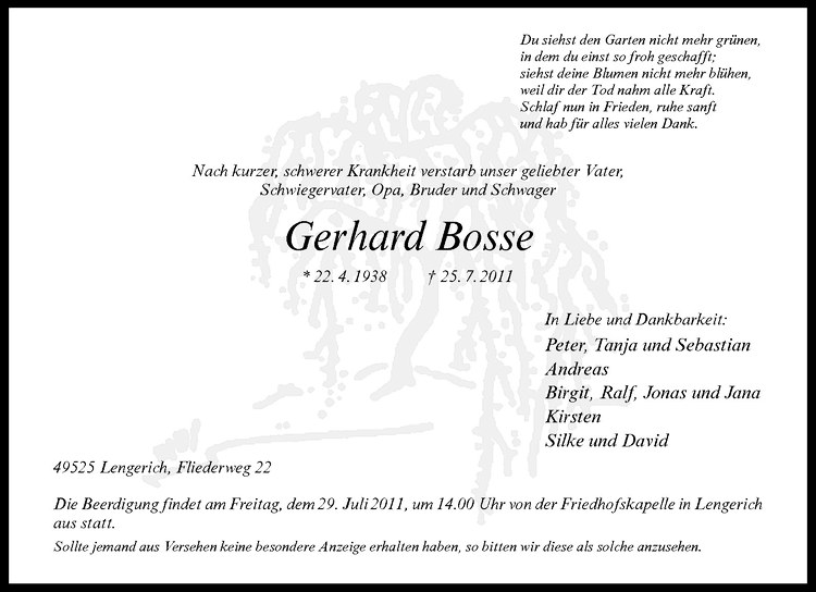  Traueranzeige für Gerhard Bosse vom 28.07.2011 aus Westfälische Nachrichten
