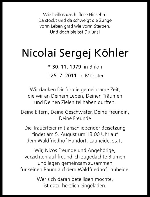  Traueranzeige für Nicolai Sergej Köhler vom 28.07.2011 aus Westfälische Nachrichten