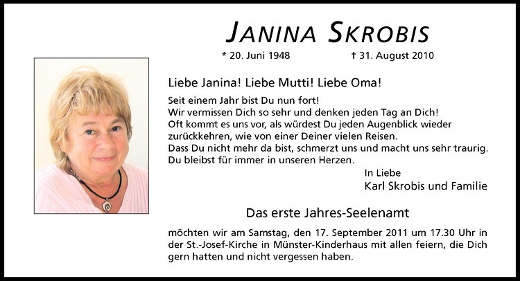  Traueranzeige für Janina Skrobis vom 10.09.2011 aus Westfälische Nachrichten