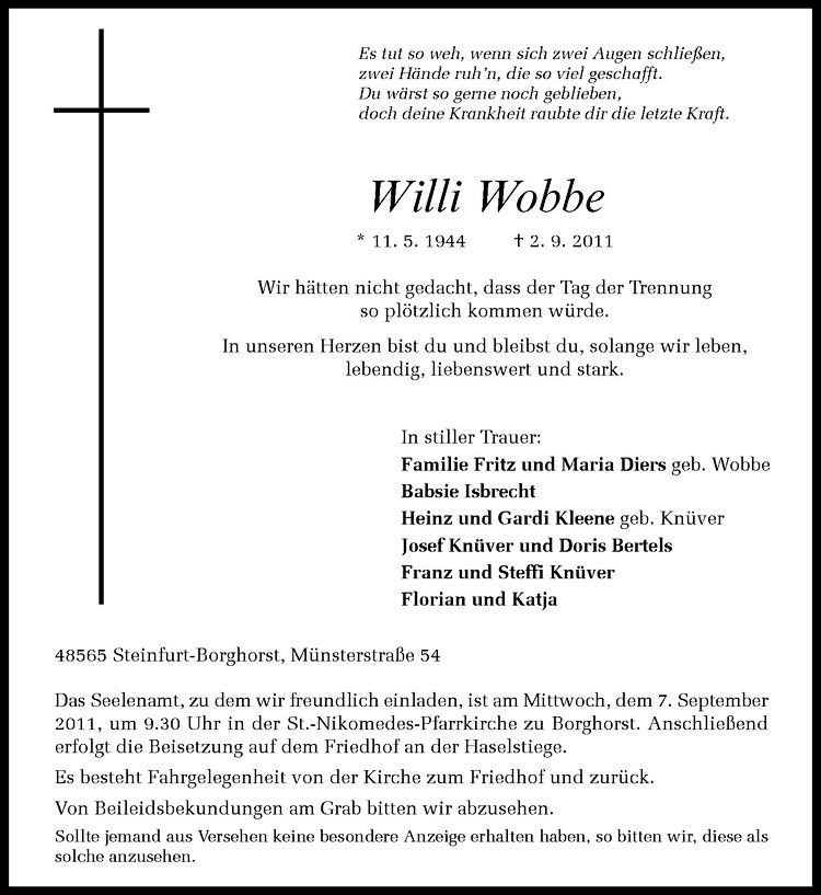  Traueranzeige für Wilhelm Wobbe vom 05.09.2011 aus Westfälische Nachrichten