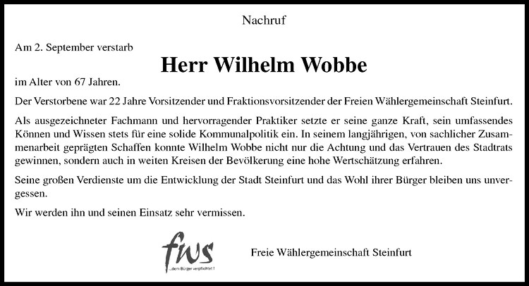  Traueranzeige für Wilhelm Wobbe vom 06.09.2011 aus Westfälische Nachrichten