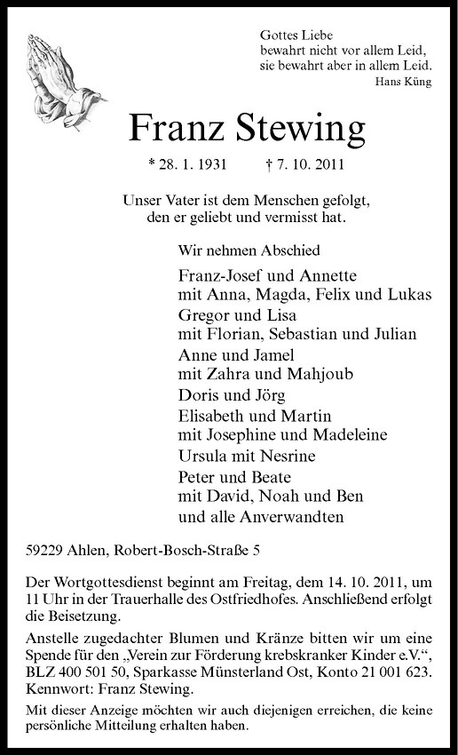  Traueranzeige für Franz Stewing vom 11.10.2011 aus Westfälische Nachrichten