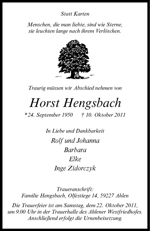  Traueranzeige für Horst Hengsbach vom 17.10.2011 aus Westfälische Nachrichten