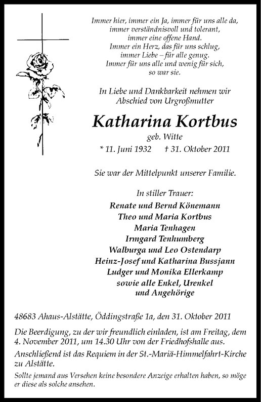  Traueranzeige für Katharina Kortbus vom 01.11.2011 aus Westfälische Nachrichten