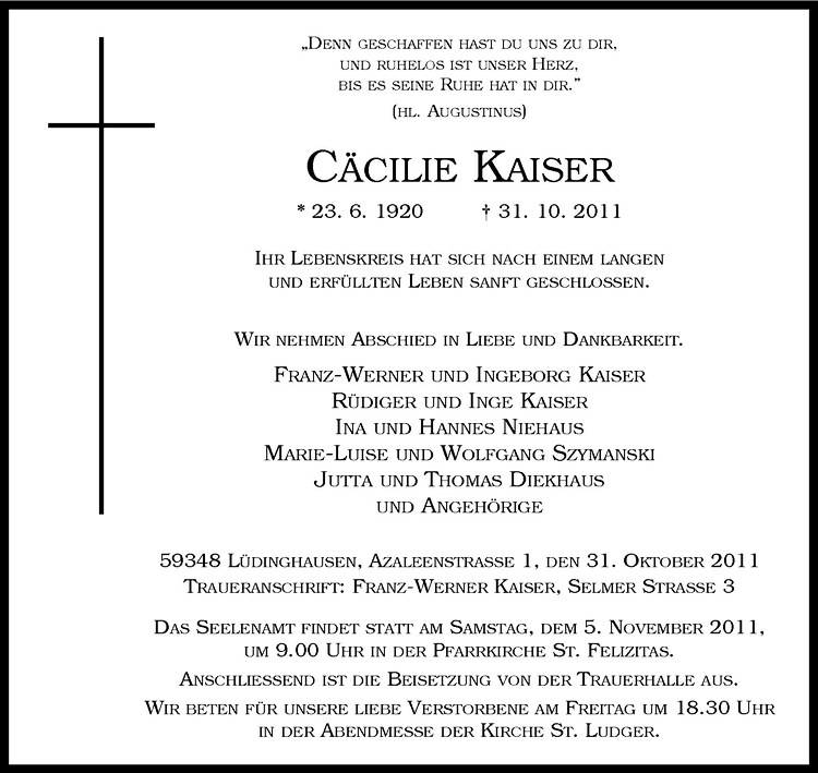  Traueranzeige für Cäcilie Kaiser vom 03.11.2011 aus Westfälische Nachrichten