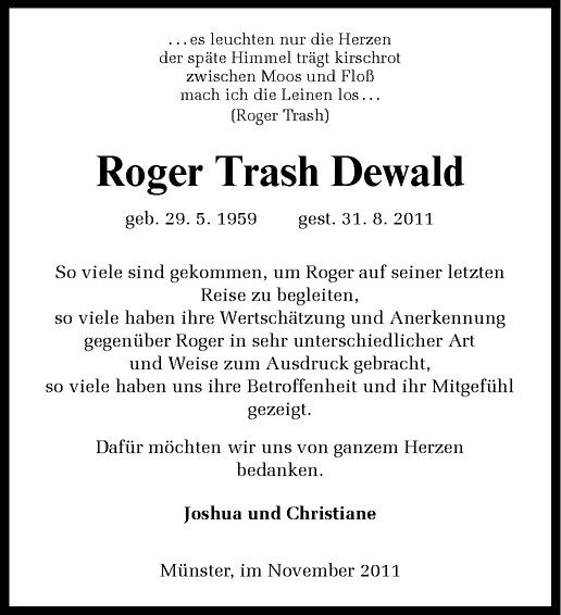 Traueranzeige für Roger Trash Dewald vom 05.11.2011 aus Westfälische Nachrichten