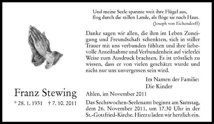  Traueranzeige für Franz Stewing vom 19.11.2011 aus Westfälische Nachrichten