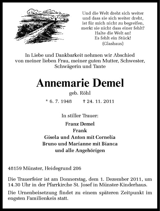  Traueranzeige für Annemarie Demel vom 28.11.2011 aus Westfälische Nachrichten