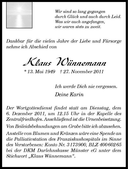  Traueranzeige für Klaus Wünnemann vom 03.12.2011 aus Westfälische Nachrichten