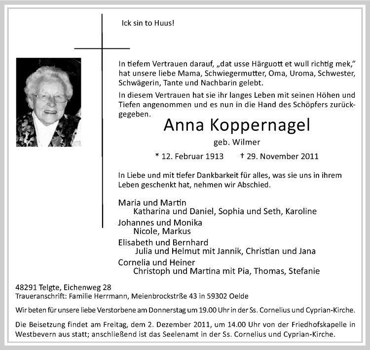  Traueranzeige für Anna Koppernagel vom 30.11.2011 aus Westfälische Nachrichten