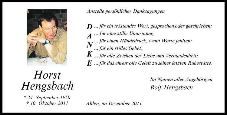  Traueranzeige für Horst Hengsbach vom 08.12.2011 aus Westfälische Nachrichten