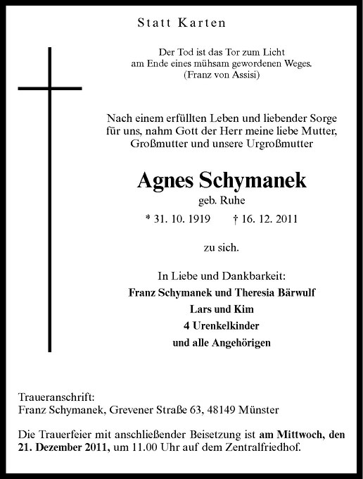  Traueranzeige für Agnes Schymanek vom 20.12.2011 aus Westfälische Nachrichten