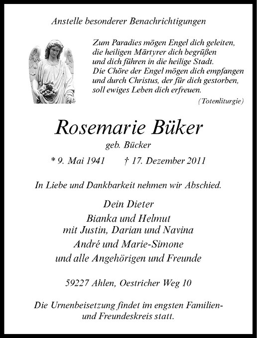  Traueranzeige für Rosemarie Büker vom 20.12.2011 aus Westfälische Nachrichten