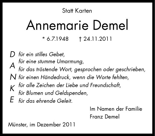  Traueranzeige für Annemarie Demel vom 24.12.2011 aus Westfälische Nachrichten