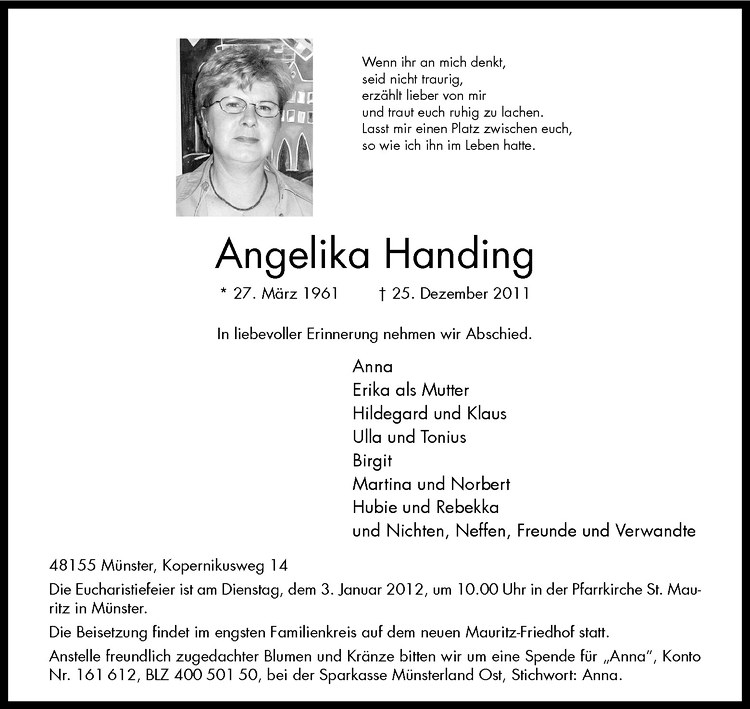  Traueranzeige für Angelika Handing vom 30.12.2011 aus Westfälische Nachrichten