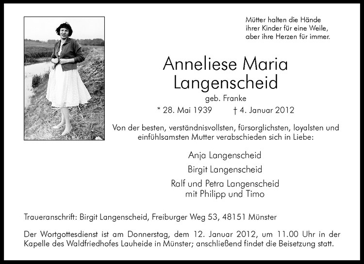  Traueranzeige für Anneliese Maria Langenscheid vom 07.01.2012 aus Westfälische Nachrichten