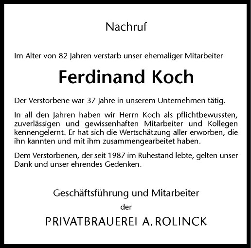  Traueranzeige für Ferdinand Koch vom 20.01.2012 aus Westfälische Nachrichten