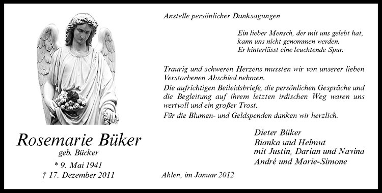  Traueranzeige für Rosemarie Büker vom 04.02.2012 aus Westfälische Nachrichten