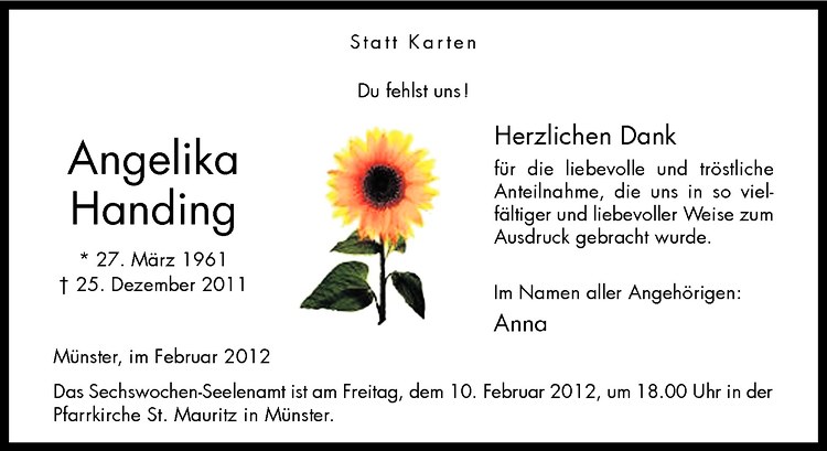  Traueranzeige für Angelika Handing vom 03.02.2012 aus Westfälische Nachrichten