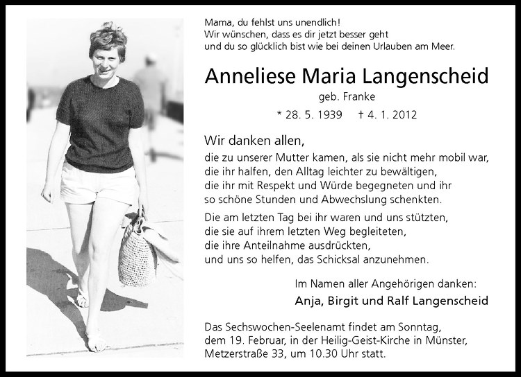  Traueranzeige für Anneliese Maria Langenscheid vom 11.02.2012 aus Westfälische Nachrichten