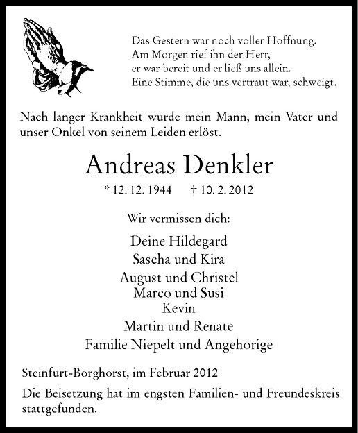  Traueranzeige für Andreas Denkler vom 18.02.2012 aus Westfälische Nachrichten