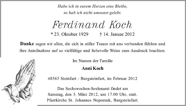  Traueranzeige für Ferdinand Koch vom 25.02.2012 aus Westfälische Nachrichten