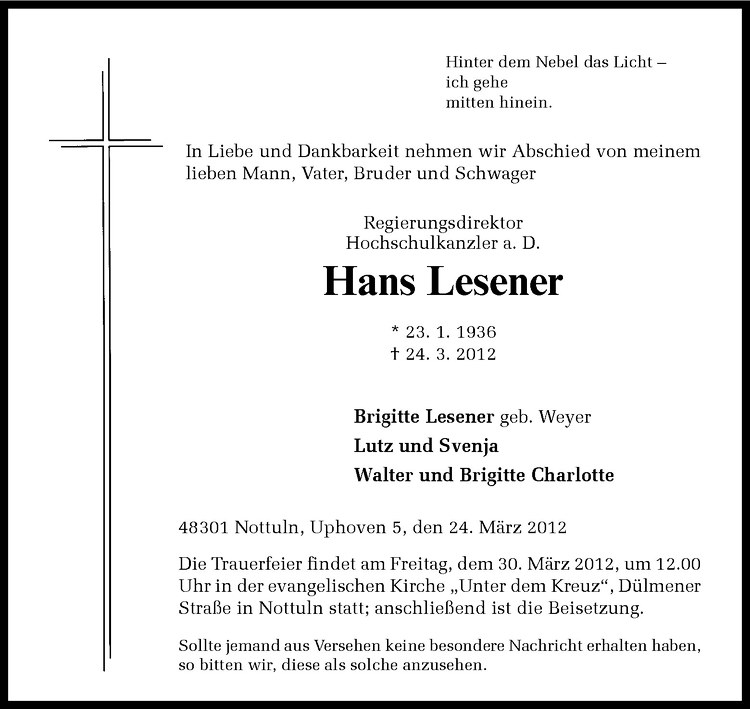  Traueranzeige für Hans Lesener vom 28.03.2012 aus Westfälische Nachrichten